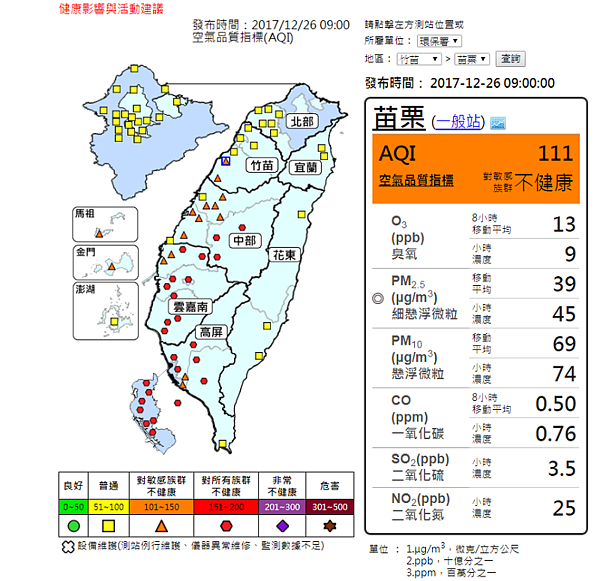 2017/12/16空氣品質（圖／翻攝自環保署）