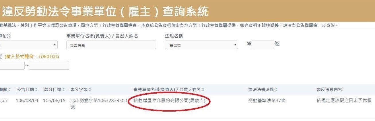信義房屋違規上榜(圖/擷取自勞動部「違法雇主查詢系統」)
