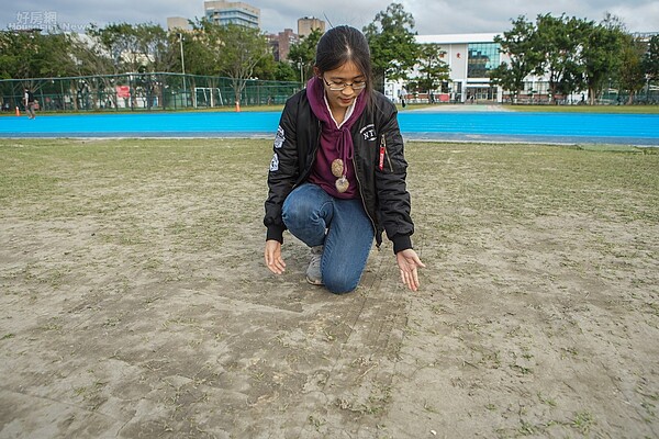台灣大學學生會副秘書長李欣先前帶著本網站記者重回現場,指出施工的車輛壓毀草皮與運動場,導致運動場部分區域光禿禿一片。(好房網News記者張聖奕/攝影)