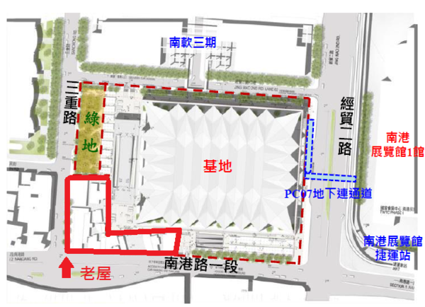 南港國家會展中心計畫圖，圖中「L型」區域為欲進行都更的老屋（圖／台北市府提供）