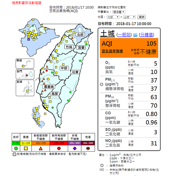 20180117空氣品質（圖／翻攝自行政院環保署）