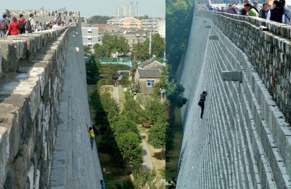 中國大媽徒手攀登「長城」外牆（圖／翻攝自日本網路社群twitter）
