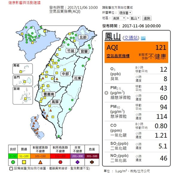 20171106空氣品質（圖／翻攝自行政院環境保護署）