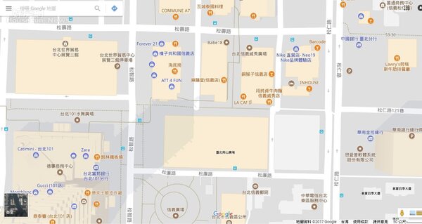 位在松壽路與松廉路中間的走道，人潮眾多。（圖片取自googlemap）