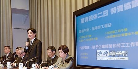 行政院長賴清德召開記者會,說明行政院通過的一例一休修法版本。圖/本報資料照片