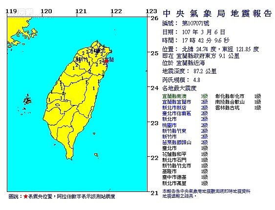 中央氣象局地震報告。圖/中央氣象局。