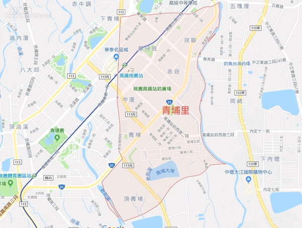 桃園青埔特區內有大園區、中壢區青埔里的門牌。（截自GoogleMap）