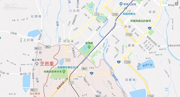 桃園青埔特區內有大園區、中壢區青埔里的門牌。(截自GoogleMap)
