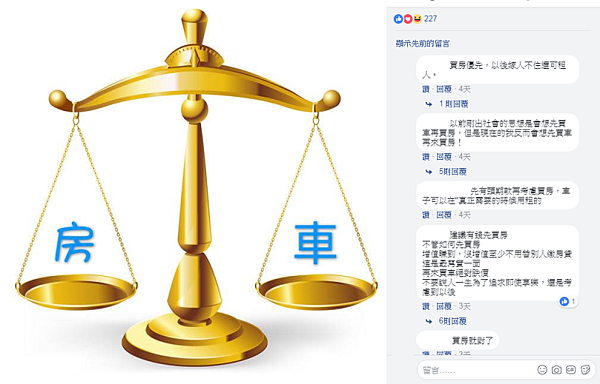 一名網友發問,手上若有資金,新婚小夫妻應該是先買車還是買房(圖/翻攝自臉書爆料公社)