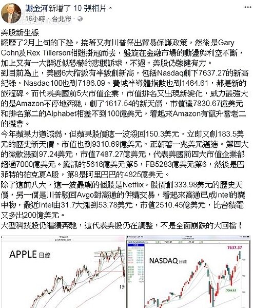 謝金河在臉書發文要投資人注意這兩支股。圖／謝金河臉書