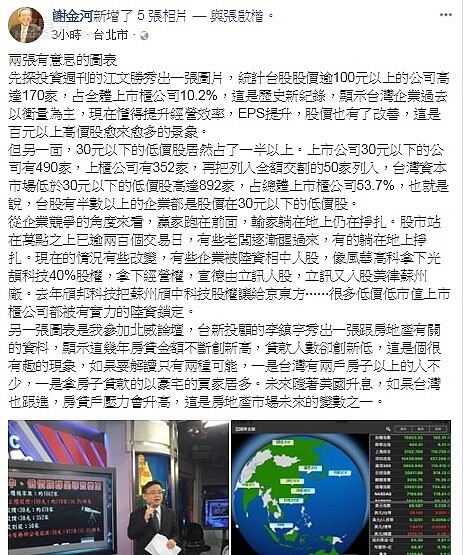 謝金河今天於臉書發文，預測未來美國升息、台灣若也更進，房貸戶壓力會升高，這將成為未來房地市場的變數之一。圖／謝金河臉書