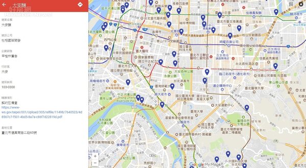 北市預售建案契約核備地圖。圖／台北市地政局。