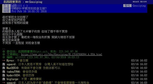 網友於批踢踢發問不買房,一直租房會怎樣?(圖/截圖自批踢踢)