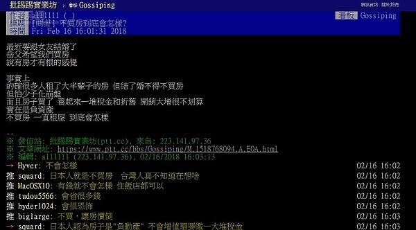 網友於批踢踢發問不買房，一直租房會怎樣？（圖／截圖自批踢踢）