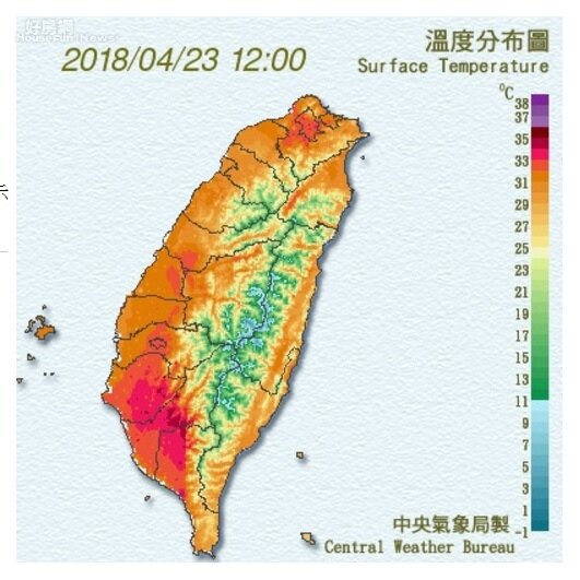 台北地區今天中午氣溫再創紀錄，飆至34.3度。圖／中央氣象局
