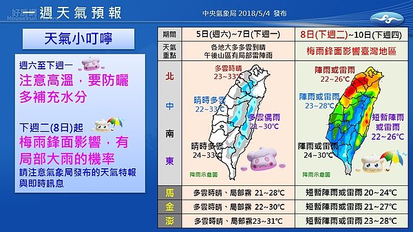 下周二另波鋒面靠近台灣,將成梅雨季重頭戲。圖/報天氣-中央氣象局臉書。