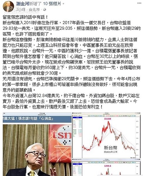 台幣猛升,謝金河在臉書發表看法。圖/謝金河臉書