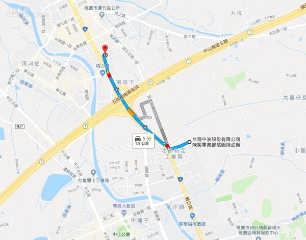 中油煉油廠距離南崁(翻攝google map)