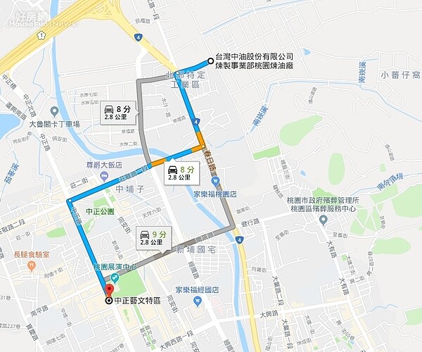 桃園煉油廠距離中正藝文特區不到約10分鐘車程(翻攝google map)