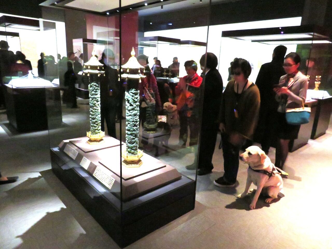 迎接過年及台灣燈會,故宮端出「戊戌狗年‧喜迎上元特展」,精選151件文物國寶今天開展,導盲犬帶領服務對象搶先聆賞。記者魯永明/攝影