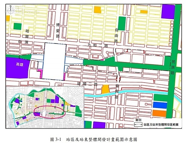 站區及站東整體開發計畫範圍示意圖。圖／高雄市都發局提供