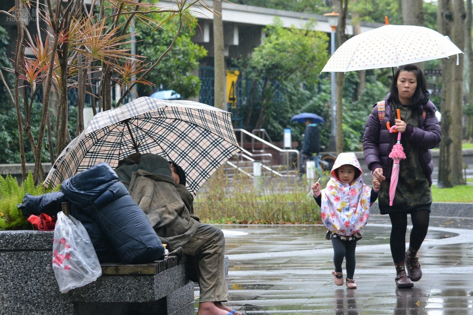 寒流來襲,流浪漢只能縮在路邊寒冷。（好房網News記者 陳韋帆/攝影）