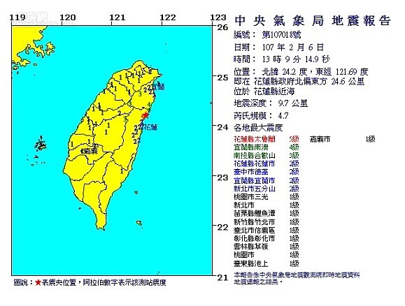 花蓮6日下午1點09分發生規模4.7地震,震度最大達5級。圖/中央氣象局