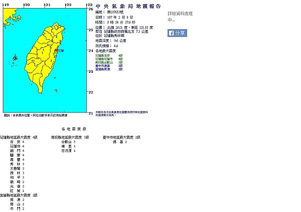 02/08-08:59左右花蓮地區附近發生有感地震,初判震度4級以上地區:花蓮。(圖/中央氣象局)