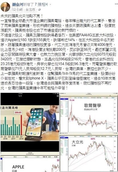 謝金河在臉書發文指蘋果概股下跌，台灣蘋果產業鏈今年可能格外辛苦。圖／謝金河臉書