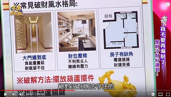 3種漏財的NG居家格局(翻攝命運好好玩YouTube畫面)