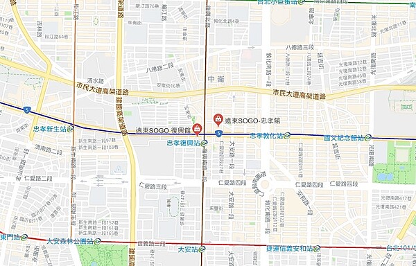台北市sogo忠孝館旁巷子的大樓驚傳火警(google map)