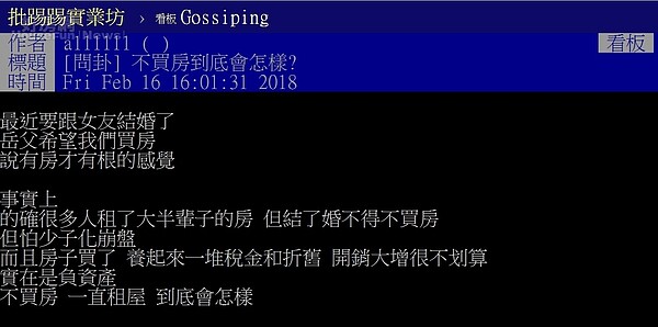 網友在PTT詢問不買房會怎樣。圖/PTT