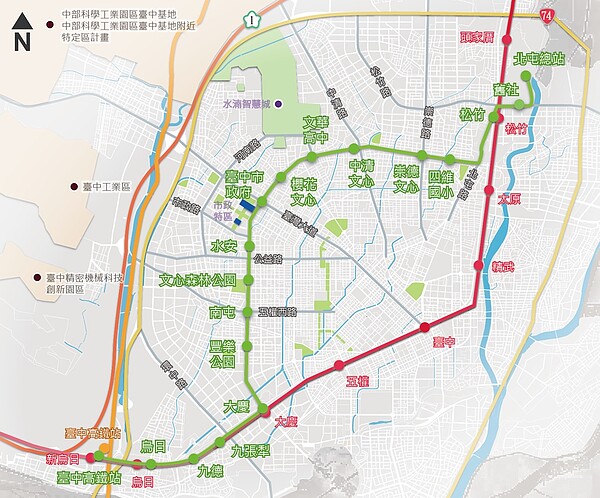 台中市交通局今天公布捷運綠線全線18個車站正式名稱，以既有軌道轉乘站、在地地標、實際路口名稱等3種分類方式作為命名原則。圖／台中市交通局提供