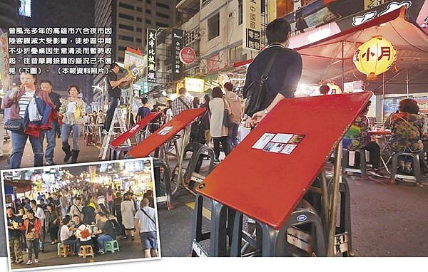 曾風光多年的高雄市六合夜市因陸客驟減大受影響,徒步區中間不少折疊桌因生意清淡而暫時收起。往昔摩肩接踵的盛況已不復見(小圖)。(本報資料照片)