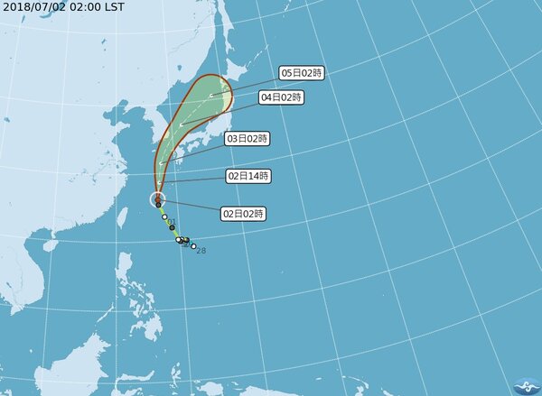 中央氣象局最新颱風路徑潛勢預測圖顯示，巴比侖正通過琉球海面，其環流及外圍環流將於今晚至明天，影響日本西側(九州、四國、本州西側)及韓國南部，有相關行程應注意其動態。圖／氣象局提供
