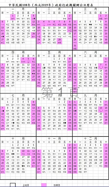 明年(西元2019年)行政機關辦公日曆表出爐,人事總處已在該總處全球資訊網(網址為http://www.dgpa.gov.tw)首頁「最新消息」公告。