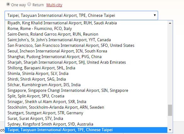 印度航空卻將台灣改名為「中華台北」（印度航空官網）