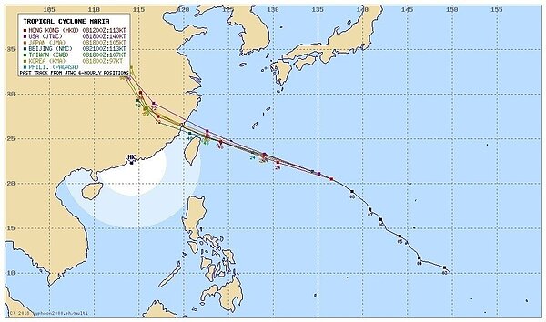 強烈颱風瑪莉亞快速朝台灣逼近，各國預測都很一致，台灣應該躲不掉。摘自typhoon2000網站
