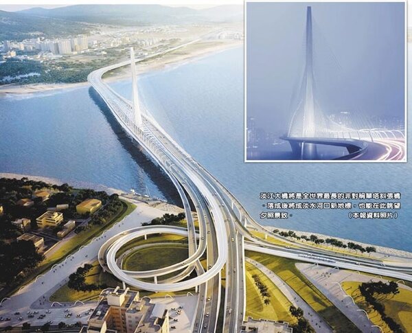 淡江大橋將是全世界最長的非對稱單塔斜張橋。落成後將成淡水河口新地標，也能在此眺望夕照景致。（本報資料照片）
