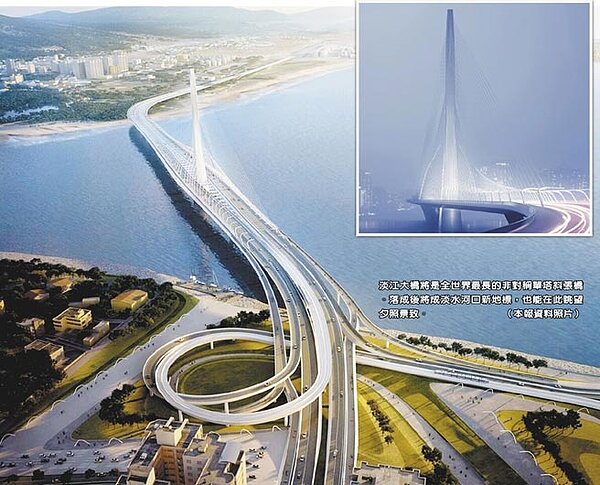 淡江大橋將是全世界最長的非對稱單塔斜張橋。落成後將成淡水河口新地標,也能在此眺望夕照景致。(本報資料照片)