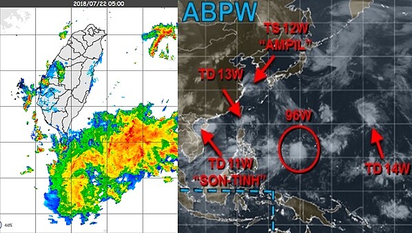 美國颱風聯合警報中心(JTWC)最新分析顯示，西北太平洋熱帶擾動活躍，有安比、山神殘餘(尚未消散)、巴士海峽熱帶低壓、及另2個(96W、TD14)熱帶擾動。圖／擷自吳德榮專欄
