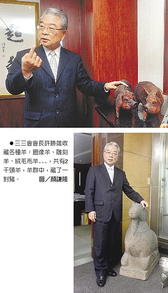 三三會會長許勝雄收藏各種羊:圖像羊、雕刻羊、絨毛布羊...,共有2千頭羊,羊群中,藏了一對豬。圖/顏謙隆