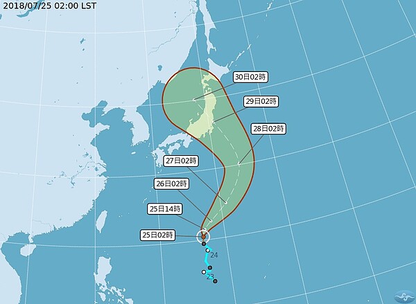 原位於關島西北方海面的熱帶性低氣壓，今天凌晨2時發展為輕度颱風，為今年編號第12號颱風雲雀。圖／翻攝自氣象局網站
