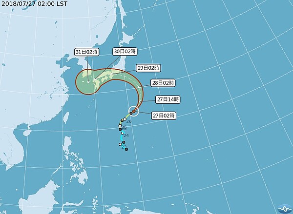 彭啟明表示，雲雀颱風已經增強為中度颱風，他指出，預計在明天下半天逐漸影響日本，中心可能在中部登陸，環流會影響關東，然後一路往西。圖／翻攝自氣象局網站