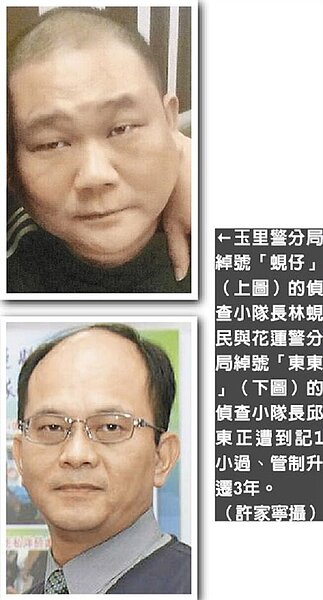 玉里警分局綽號「蜆仔」(上圖)的偵查小隊長林蜆民與花蓮警分局綽號「東東」(下圖)的偵查小隊長邱東正遭到記1小過、管制升遷3年。(許家寧攝)