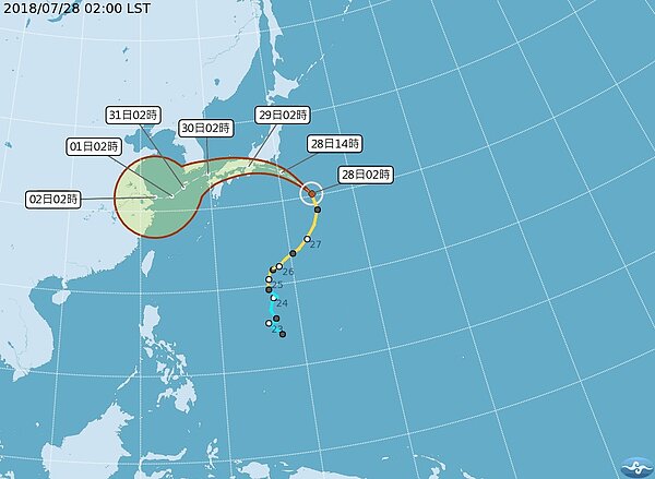 中颱雲雀在日本東南方海域,除了逆時針而行,並快速朝西北撲向日本本州西南部,將再轉向偏西,掠過四國、九州;下周一轉西南西方向,進入東海後強度減弱、移速減慢。圖/翻攝自氣象局網站