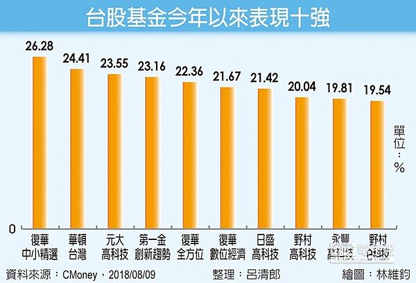 台股基金今年以來表現十強。圖/中時電子報