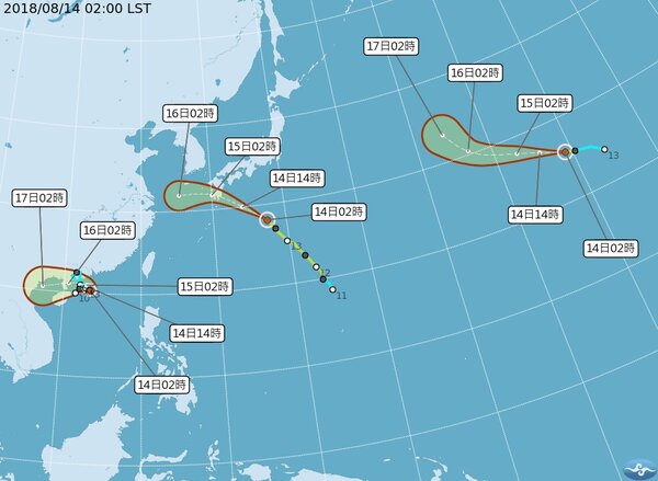 中央氣象局說，原位於中太平洋之颶風，已於今天凌晨2時進入西北太平洋海域，故將其編號為第17號輕度颱風赫克特(圖右)。圖／氣象局提供