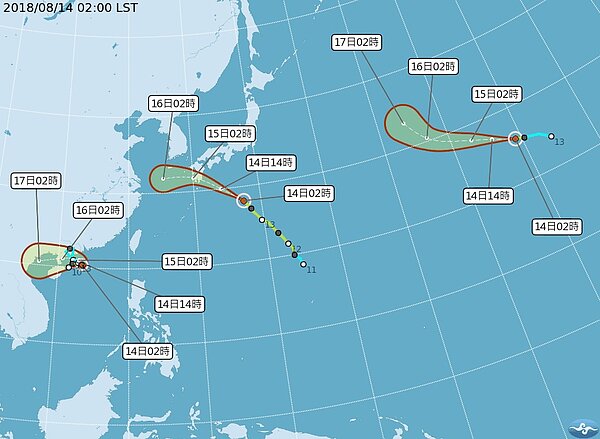 中央氣象局說,原位於中太平洋之颶風,已於今天凌晨2時進入西北太平洋海域,故將其編號為第17號輕度颱風赫克特(圖右)。圖/氣象局提供