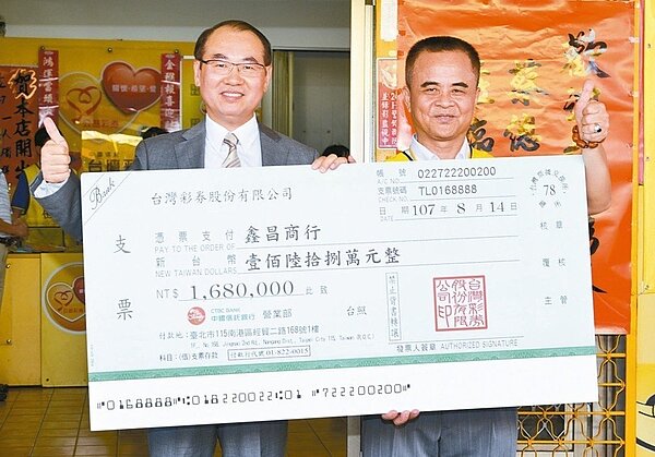 台灣彩券公司總經理蔡國基(左)接受中獎人委託親赴頭獎商店「鑫昌商行」致贈168萬大紅包。 台灣彩券公司╱提供